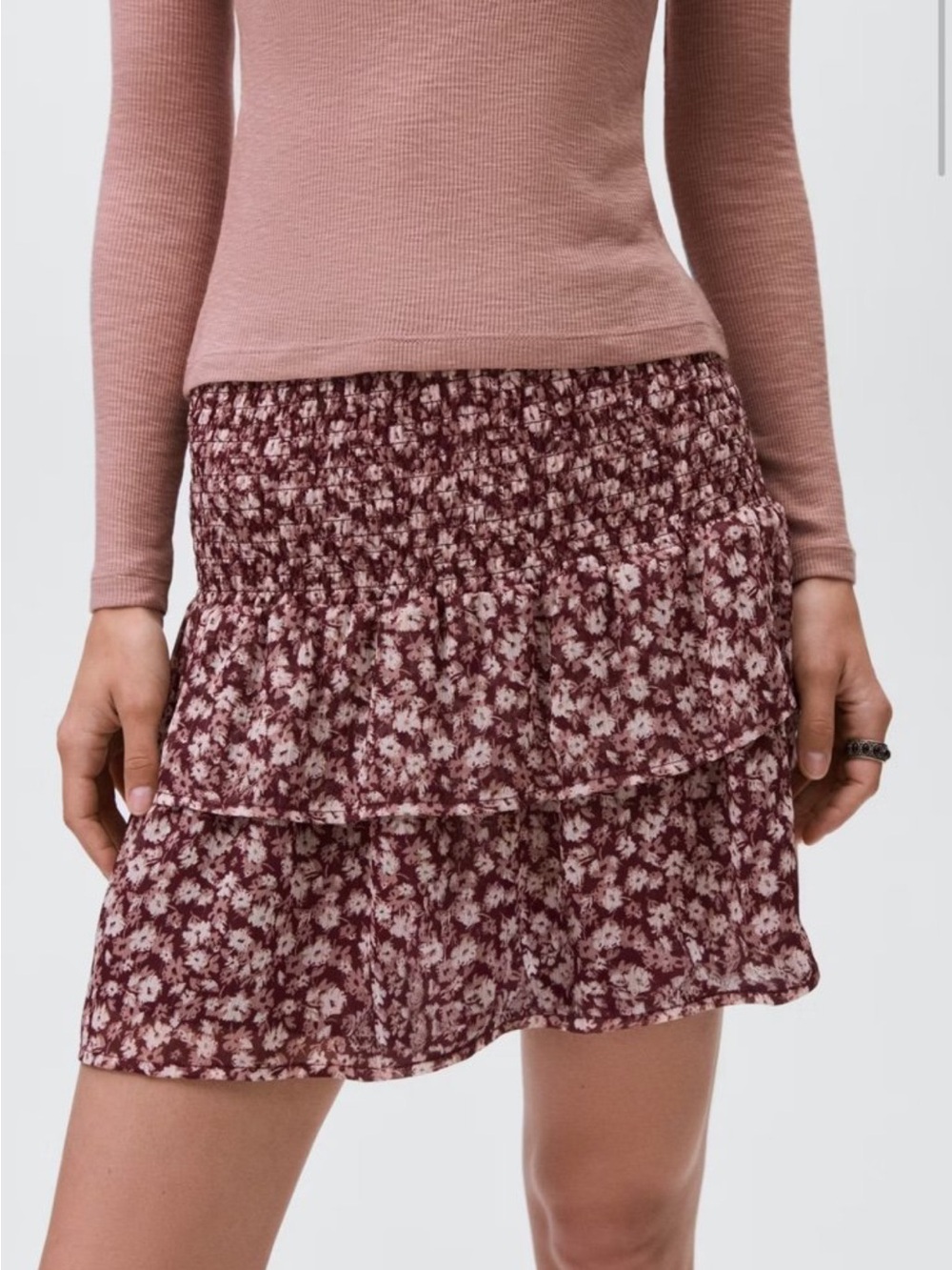 Mango Burgundy Floral Tiered Smocked Skirt